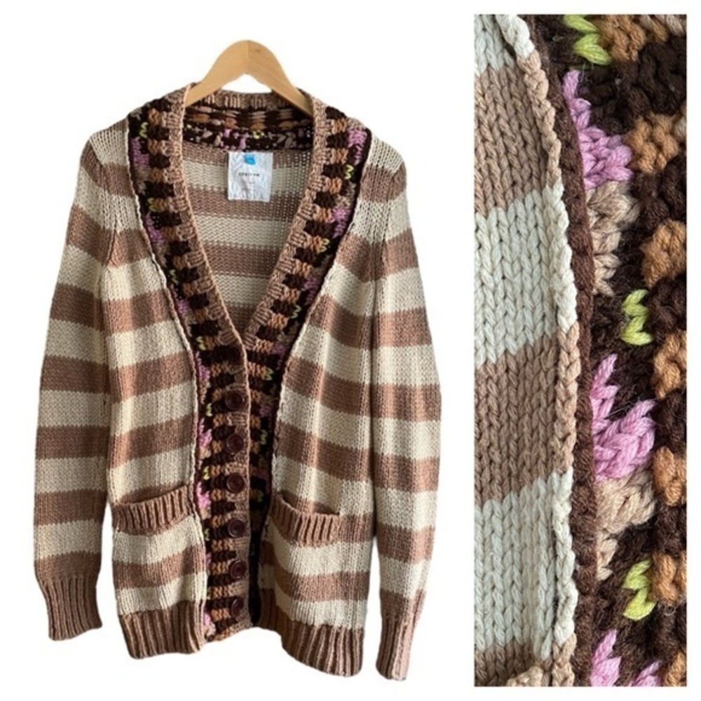Anthropologie Sparrow Tan Stripe Hopi Basketweave Knit Cardigan Sweater